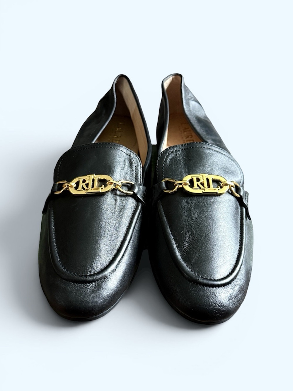 LAUREN RALPH LAUREN Black Leather Slip-On Loafers with Gold Chain Accent Size 10